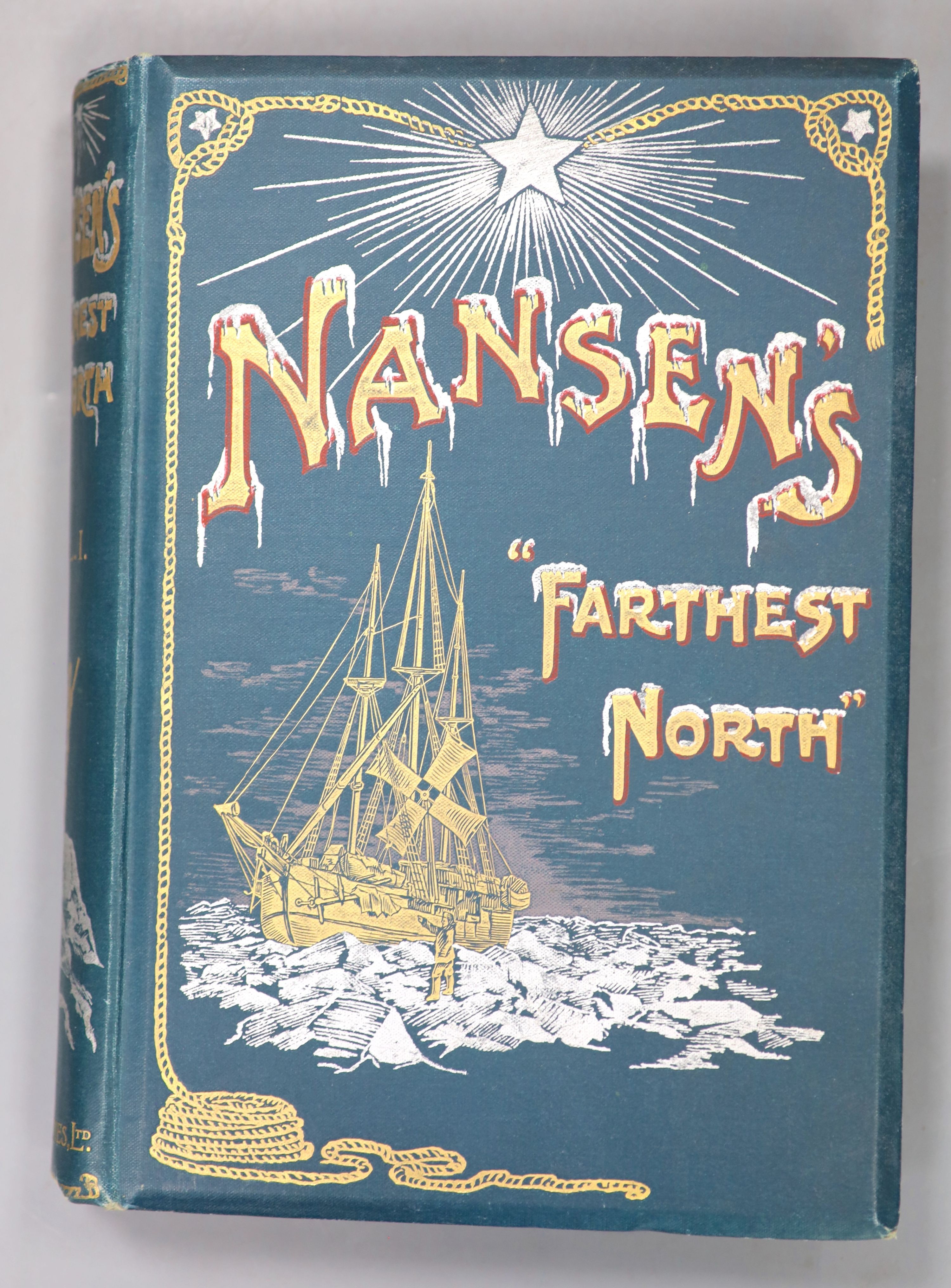 Nansen, Fridtjof - Farthest North, 2 vols, 2nd English edition, 8vo, original silver and gilt pictorial cloth, extremities rubbed, with folding map (with small tear) George Newnes, London, 1898